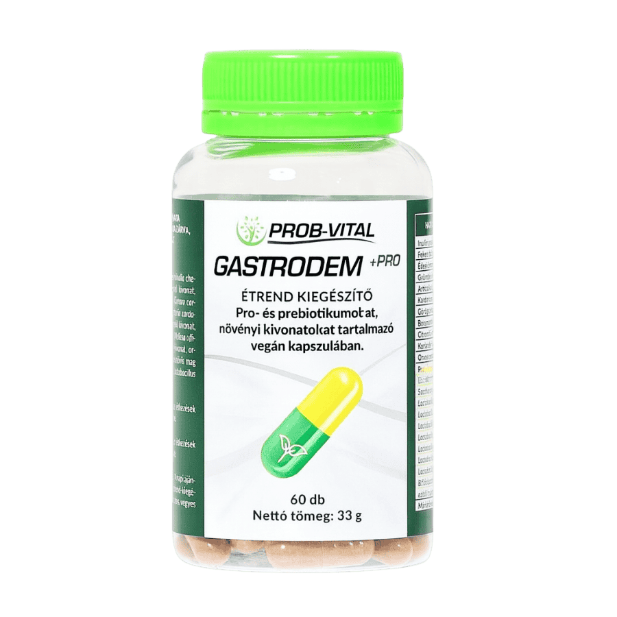 GASTRODEM+PRO emésztést támogató kapszula növényi elemekkel, natúr wellness stílusban